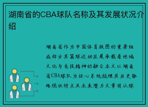 湖南省的CBA球队名称及其发展状况介绍